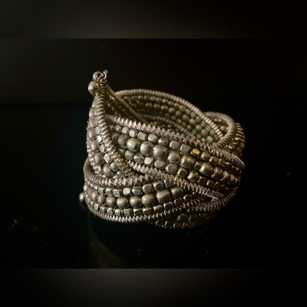 Boho Intertwining Silver Beaded Cuff Bracelet - image 5